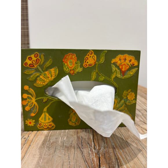 Vintage Boho Floral Tissue Box Cover Hand Painted Green Folk Art 1970s Decoupage - Picture 2 of 7